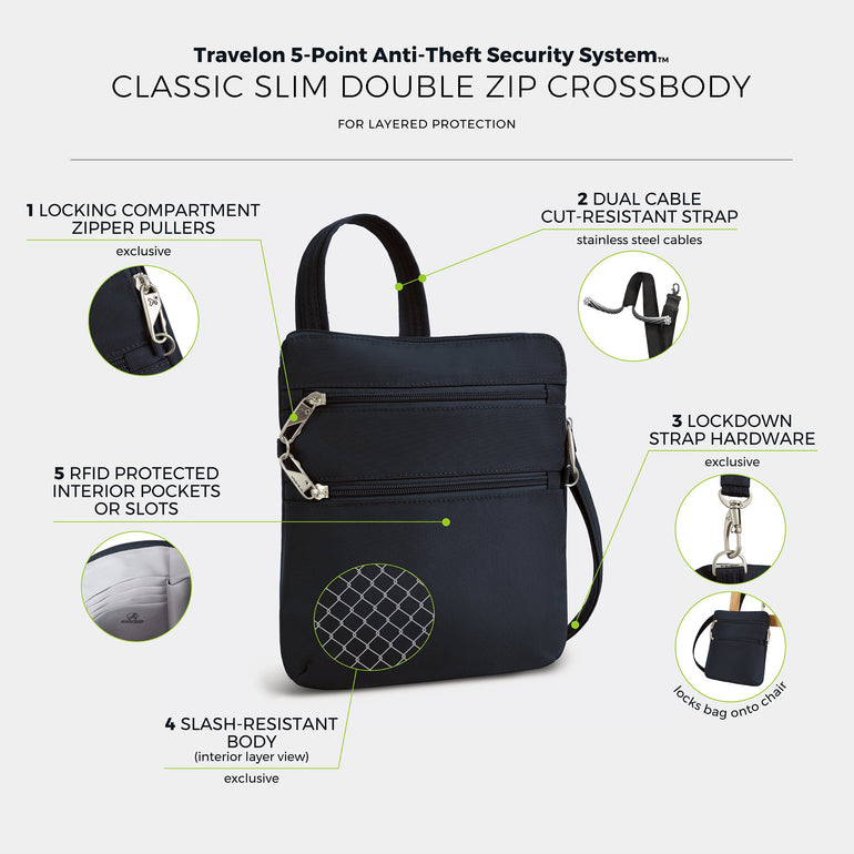 Travelon Anti-Theft Classic Slim Double Zip Crossbody