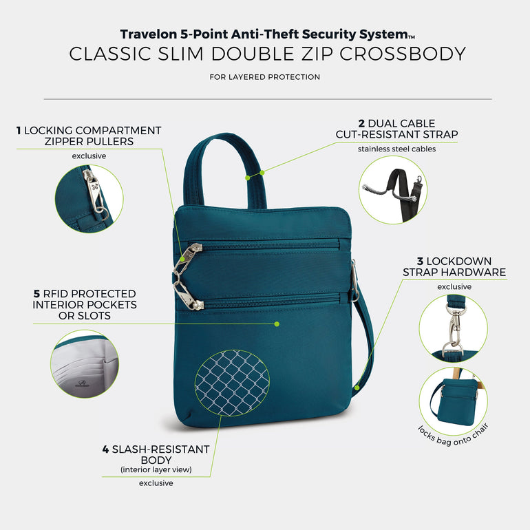 Travelon Anti-Theft Classic Slim Double Zip Crossbody
