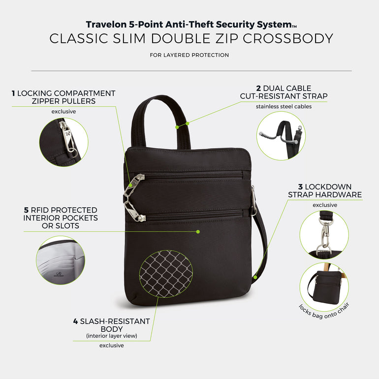 Travelon Anti-Theft Classic Slim Double Zip Crossbody