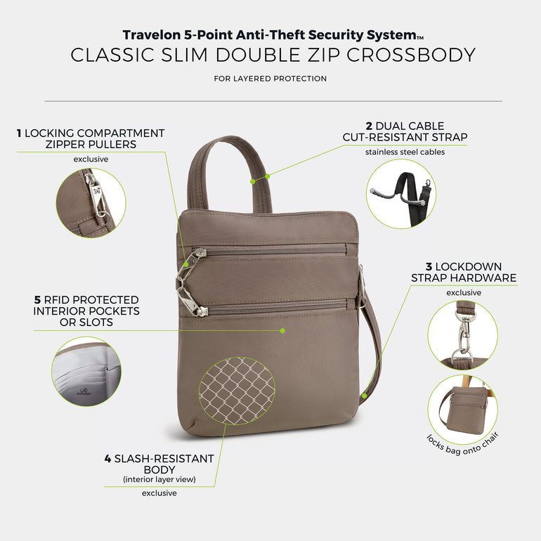 Travelon Anti-Theft Classic Slim Double Zip Crossbody