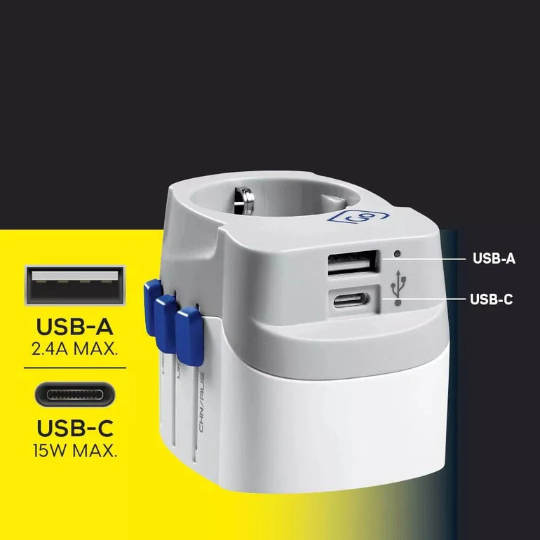 Go Travel Worldwide Adaptor + USB-A & USB-C