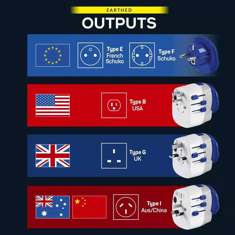 Go Travel Worldwide Adaptor + USB-A & USB-C